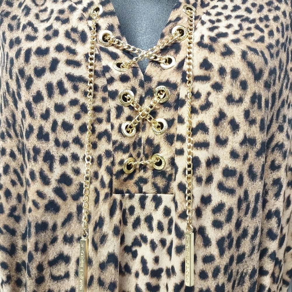 MICHAEL KORS Leopard Print Chain Lace-Up Neck Roll-up Tab Sleeve Dress Sz L NWT - Picture 10 of 12